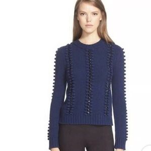 Tory Burch Pom Pom crewneck Sweater navy blue size XS wool cashmere rabbit hair